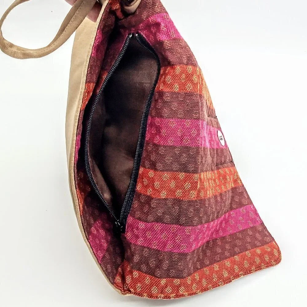1154 Lill Studio Tan Brown Ruffle Trim Silk Wristlet Clutch Bag